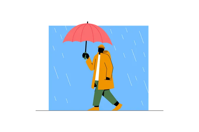 Garçon marchant sous la pluie  Illustration