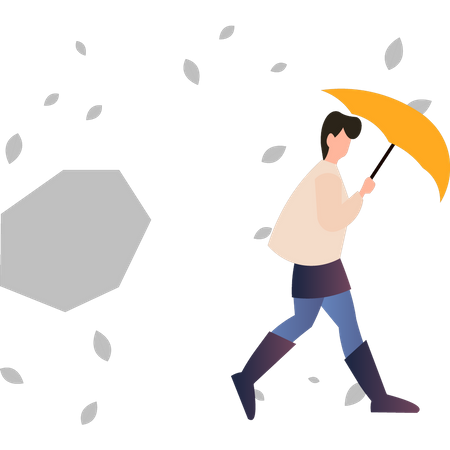 Garçon marchant sous la pluie avec un parapluie  Illustration