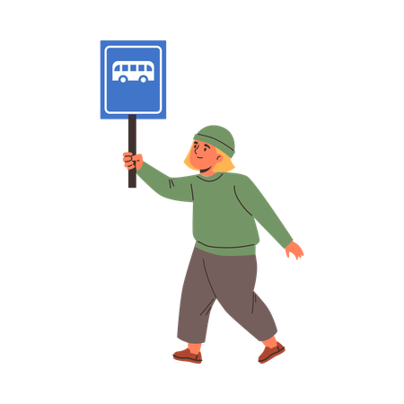 Un garçon marche en tenant un panneau d'arrêt de bus bleu dans une main  Illustration