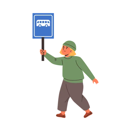 Un garçon marche en tenant un panneau d'arrêt de bus bleu dans une main  Illustration