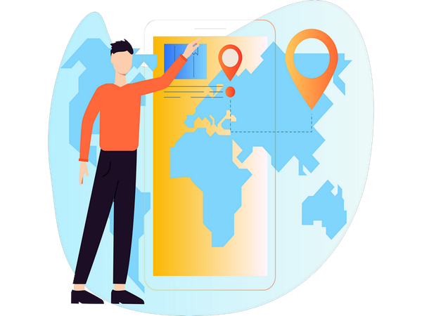 Garçon marquant l'emplacement de l'utilisateur sur la carte  Illustration