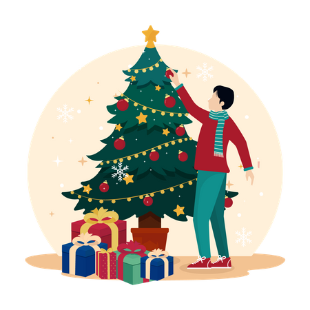 Garçon mettant la décoration d'arbre de Noël  Illustration