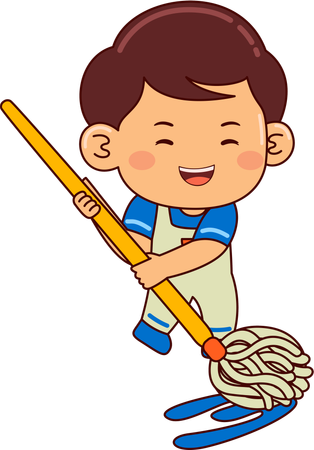 Joli garçon nettoyant le sol à l'aide d'une vadrouille  Illustration