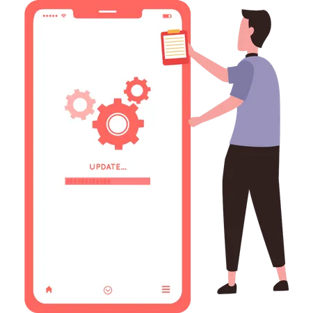 Garçon mettant à jour le logiciel mobile  Illustration