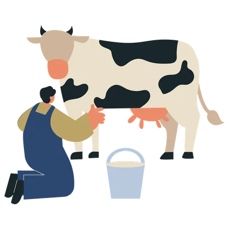 Garçon récoltant une vache dans un champ  Illustration