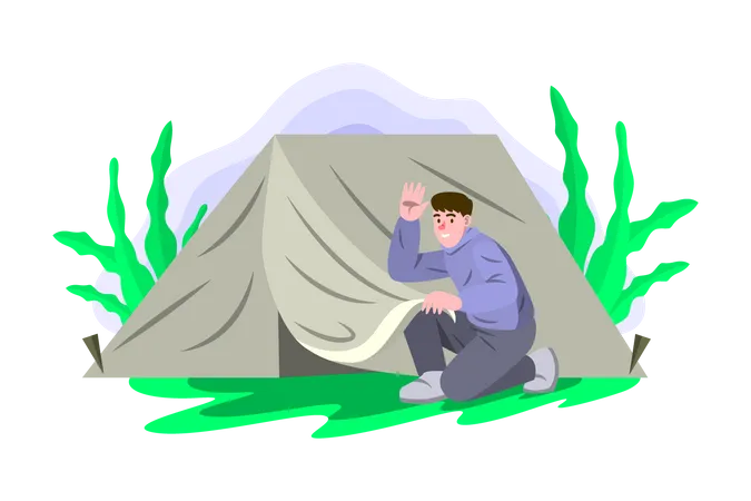 Garçon installant une tente pour le camping  Illustration