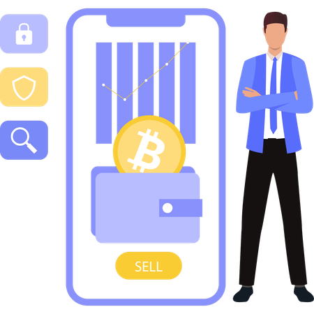 Garçon montrant la monnaie Bitcoin sur mobile  Illustration