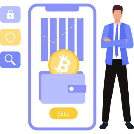 Garçon montrant la monnaie Bitcoin sur mobile  Illustration