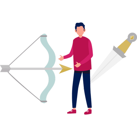 Garçon montrant un arc et des flèches  Illustration