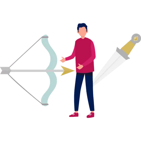 Garçon montrant un arc et des flèches  Illustration