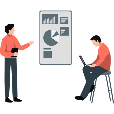 Un garçon montre un diagramme circulaire à son patron  Illustration