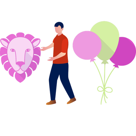 Garçon montrant un masque de lion avec des ballons  Illustration