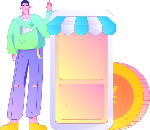 Garçon montrant une application de shopping  Illustration