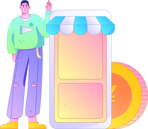 Garçon montrant une application de shopping  Illustration