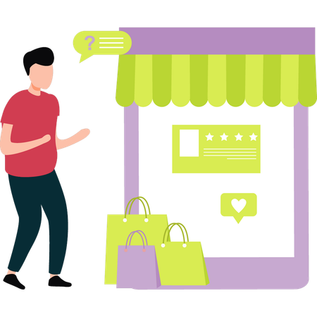 Garçon montrant une boutique en ligne pour faire du shopping sur mobile  Illustration