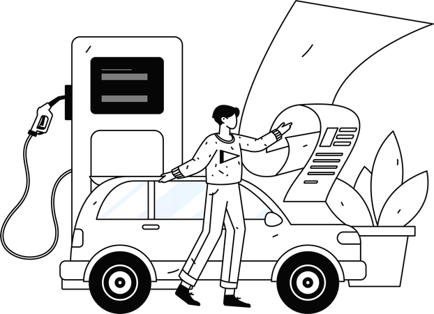 Garçon montrant une facture de carburant à la pompe à essence  Illustration