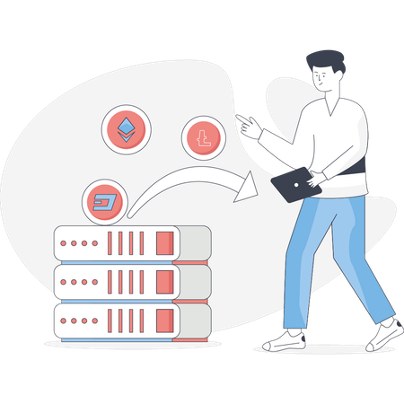 Un garçon pointe du doigt un serveur d'argent  Illustration