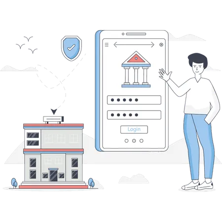 Un garçon pointe du doigt une application bancaire  Illustration