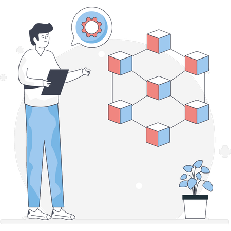 Un garçon montre la technologie blockchain  Illustration