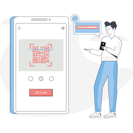 Un garçon pointe un code QR sur son mobile  Illustration