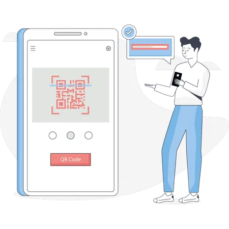 Un garçon pointe un code QR sur son mobile  Illustration