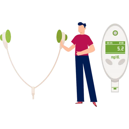 Un garçon montre un lecteur de glycémie  Illustration