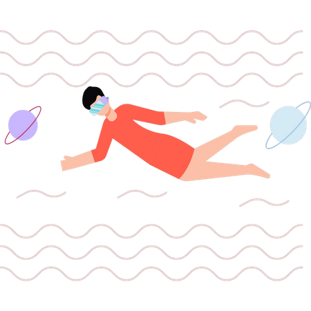 Un garçon nage avec des lunettes VR  Illustration