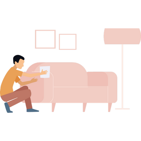 Garçon, nettoyage, canapé  Illustration