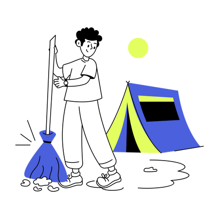 Garçon nettoyant le camping à l'aide d'un manche à balai  Illustration