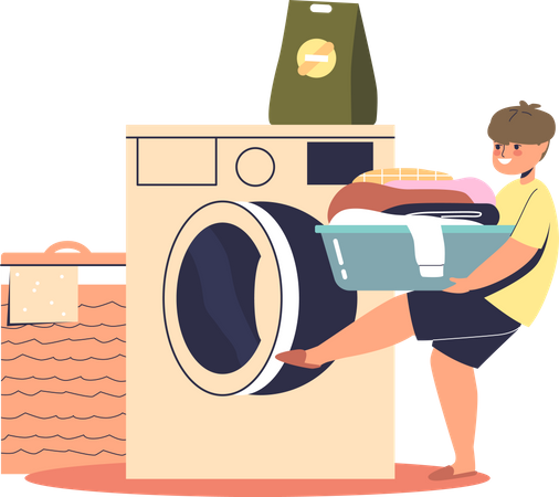 Garçon nettoyant les vêtements dans la machine à laver  Illustration