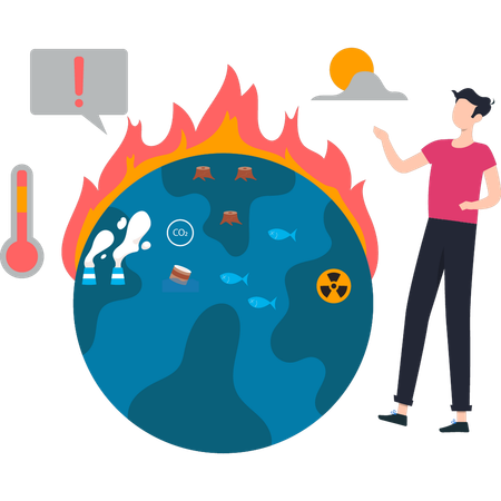 Un garçon observe le changement de température dû au changement climatique  Illustration