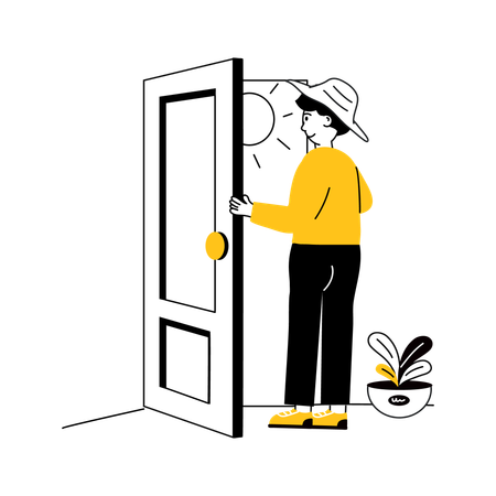 Garçon ouvrant la porte le matin d'été  Illustration