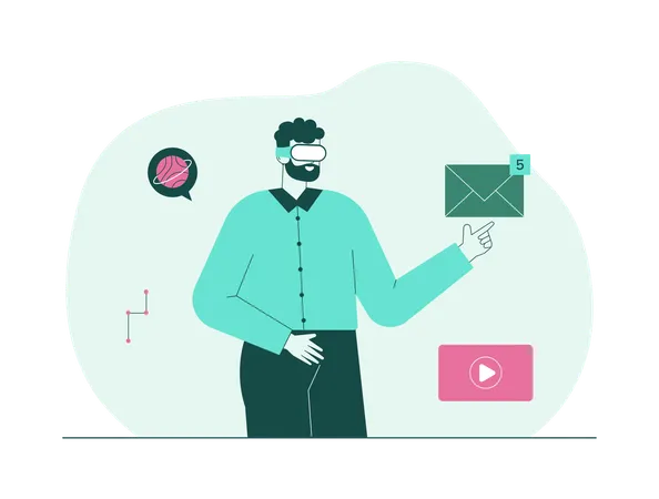 Garçon ouvrant un e-mail en réalité virtuelle  Illustration