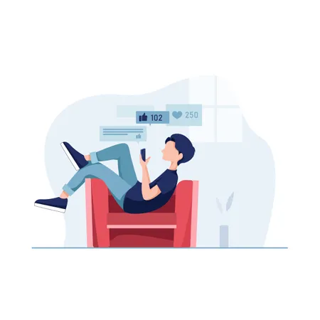 Garçon paresseux allongé sur un canapé et utilisant des applications de médias sociaux sur un smartphone  Illustration