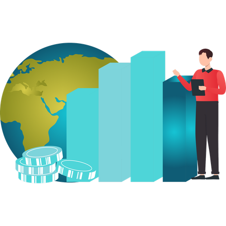 Garçon parlant du graphique de l'économie mondiale  Illustration