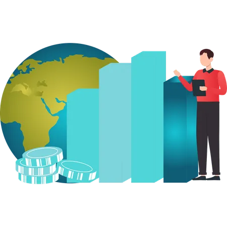 Garçon parlant du graphique de l'économie mondiale  Illustration