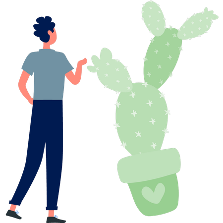 Garçon parlant d'une plante de cactus  Illustration