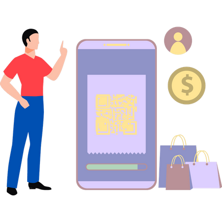 Garçon payant la facture avec le code QR  Illustration