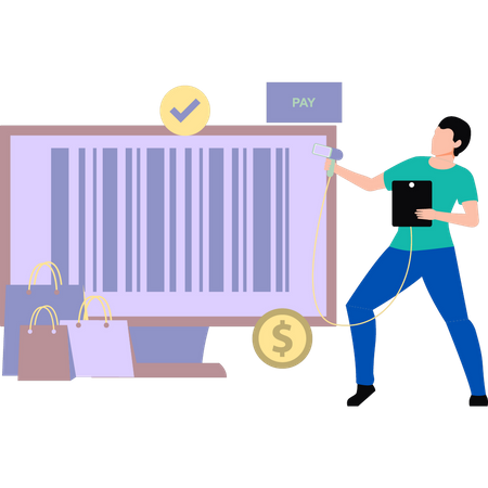 Garçon payant la facture d'achat par code à barres  Illustration