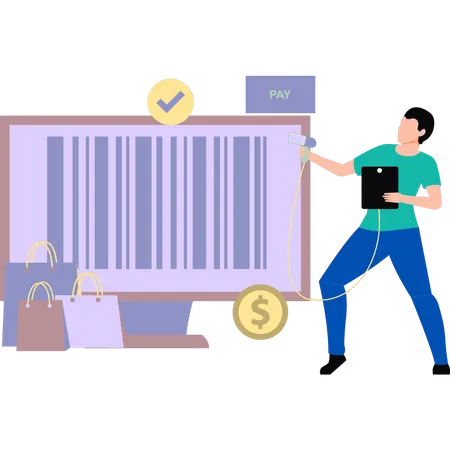 Garçon payant la facture d'achat par code à barres  Illustration