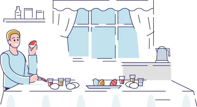 Joyeuses Paques Joyeux Garcon Decorant Des Oeufs De Paques A La Maison Lhomme Se Prepare Pour Les Vacances Illustration Vectorielle Plate Lineaire Du Contour Du Dessin Anime Illustration