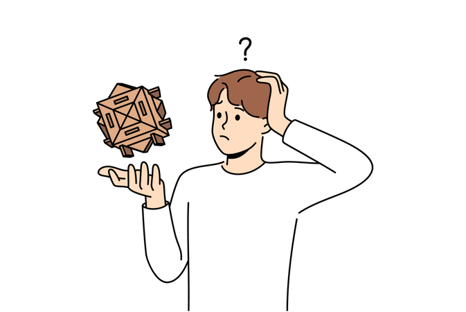 Un garçon réfléchit à la façon de résoudre le Rubiq Cube  Illustration