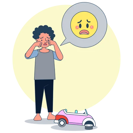 Un garçon pleure à cause d'une petite voiture cassée  Illustration