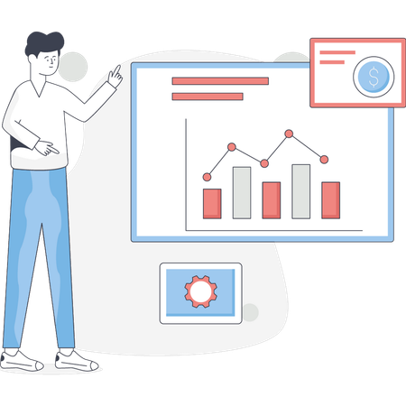 Garçon pointant un graphique d'analyse commerciale  Illustration