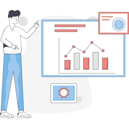 Garçon pointant un graphique d'analyse commerciale  Illustration