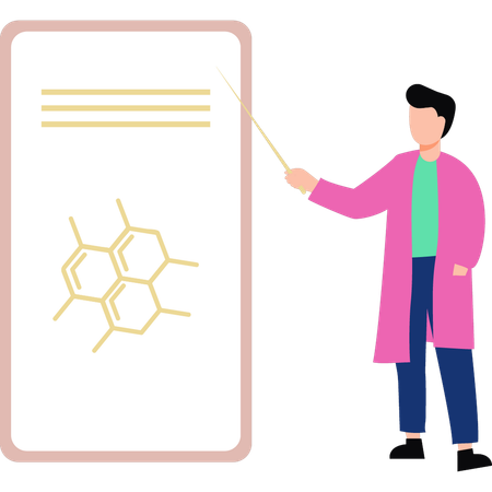 Garçon pointant vers des molécules hexagonales sur mobile  Illustration