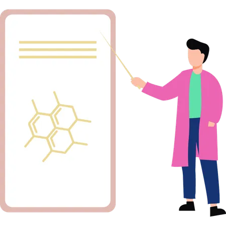 Garçon pointant vers des molécules hexagonales sur mobile  Illustration
