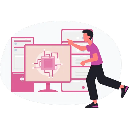 Garçon pointant le moniteur de réseau  Illustration