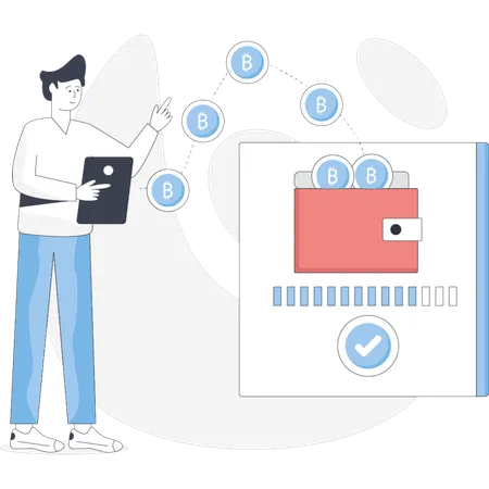 Garçon montrant de l'argent dans un portefeuille en ligne  Illustration