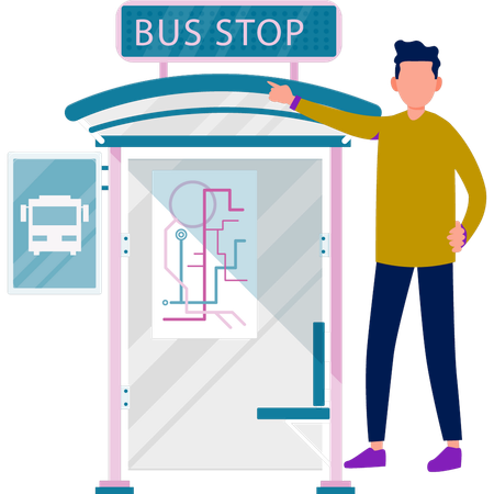 Garçon pointant sur le panneau d'arrêt de bus  Illustration